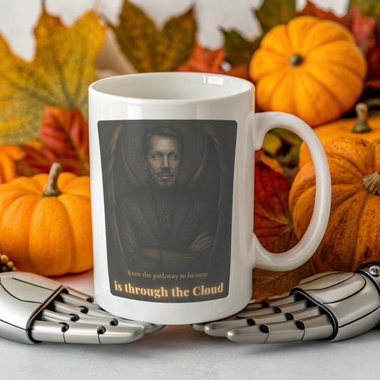 The Gatekeeper mug design by Intentional Error showcased in robot hands in front of a wholesome Fal background