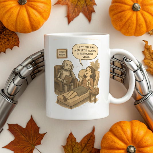 Mug with therapy robot and woman illustration surrounded by pumpkins and leaves