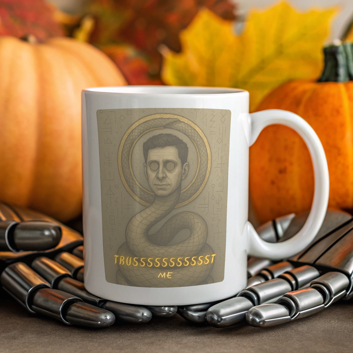 White mug with a graphic design featuring a snake and text design from Intentional Error's The Overlords collection placed on a surface with pumpkins and leaves in the background.