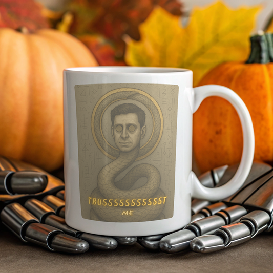 White mug with a graphic design featuring a snake and text design from Intentional Error's The Overlords collection placed on a surface with pumpkins and leaves in the background.
