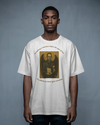 Person wearing a white t-shirt with a graphic design on a gray background