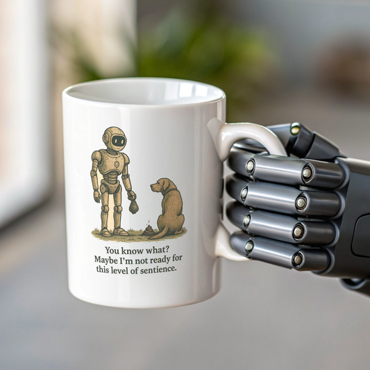 A robotic hand holds a ceramic mug with a drawing of a robot holding a dog poop bag, standing next to a dog. Caption: “Maybe I’m not ready for this level of sentience.”