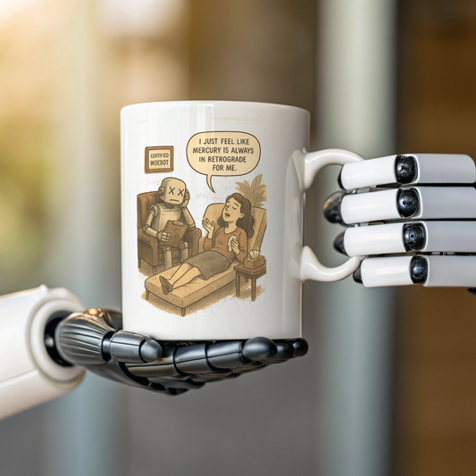 Robot hand holding ceramic mug with woman in therapy saying “It just feels like Mercury is always in retrograde for me” to a sad-looking robot therapist.

