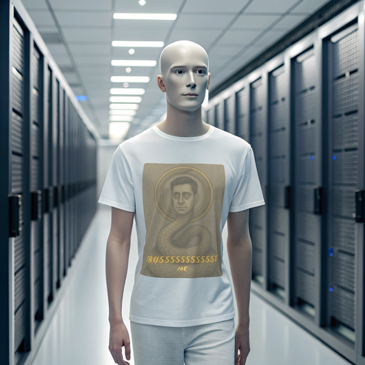 Mannequin wearing a white t-shirt with a graphic design in a server room.