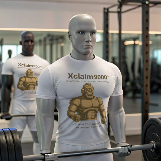 AI robot gym parody image featuring humanoid bot in white Xclaim 9000™ T-shirt — satirical fitness mockup mocking Grok, and tech bros culture. Dystopian workout apparel for fans of digital resistance and political parody.
