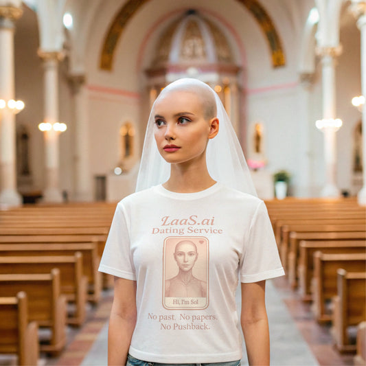 Realistic female humanoid robot resembling a lifelike AI bride stands at the altar of a grand cathedral, wearing a white 'LaaS.ai Dating Service' t-shirt with the tagline ‘No past. No papers. No Pushback.’ The shirt displays a mock dating profile with the name 'Sol' inside a phone screen, satirizing AI companionship and loneliness-as-a-service. 