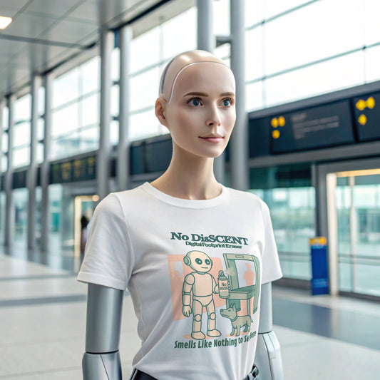 A humanoid female robot stands in an airport terminal wearing a satirical ‘No DisSCENT™’ t-shirt by Intentional Error. The shirt shows a robot spraying a fictional compliance spray at a TSA-style checkpoint, mocking the pressure to sanitize your digital footprint before international travel or U.S. re-entry. 