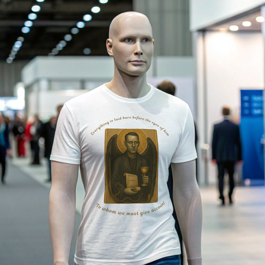 Mannequin wearing a white t-shirt with a printed design in a blurred indoor setting