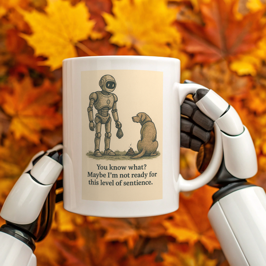 Mug with robot and dog illustration and text, held by a robot hand against an autumn leaf background