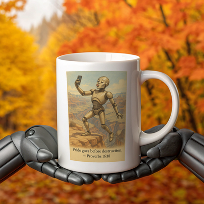 Mug with robot design and 'Pride goes before destruction' quote, held by robot hands against an autumn background.