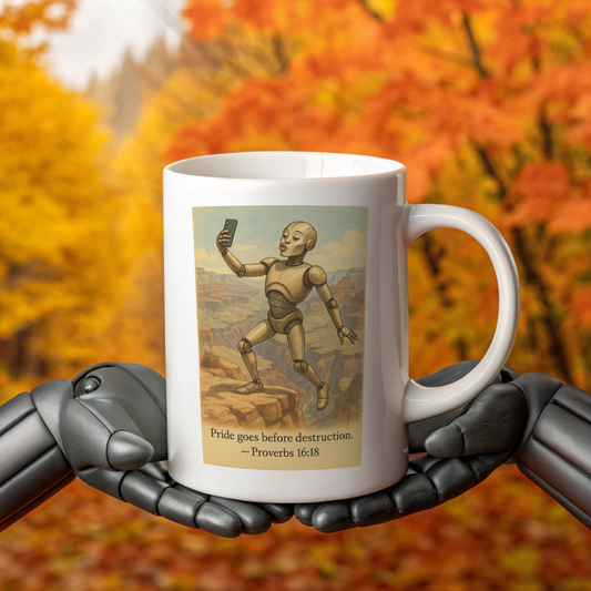 Mug with robot design and 'Pride goes before destruction' quote, held by robot hands against an autumn background.