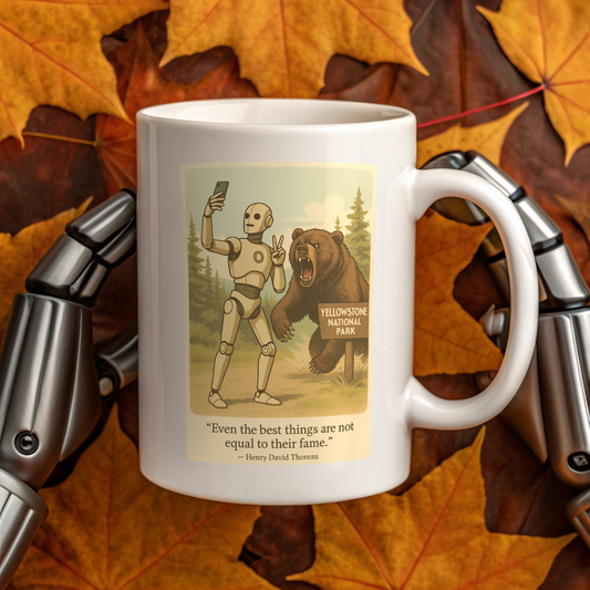 Mug with robot and bear illustration on autumn leaves
