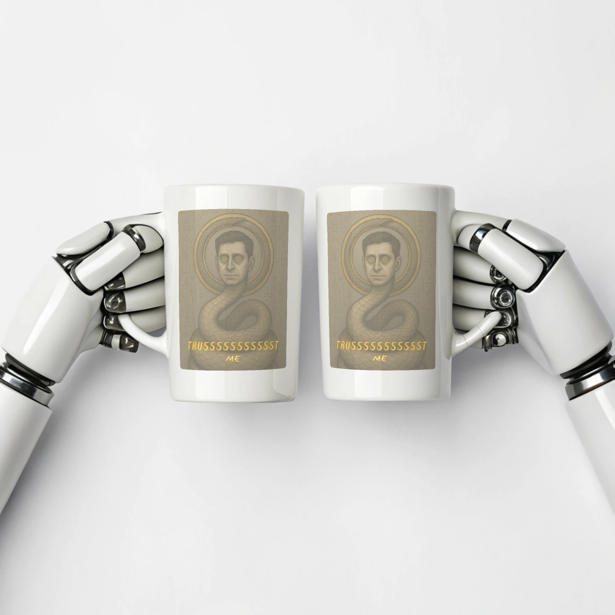 Two white mugs held by robot hands with a portrait and text on a light gray background