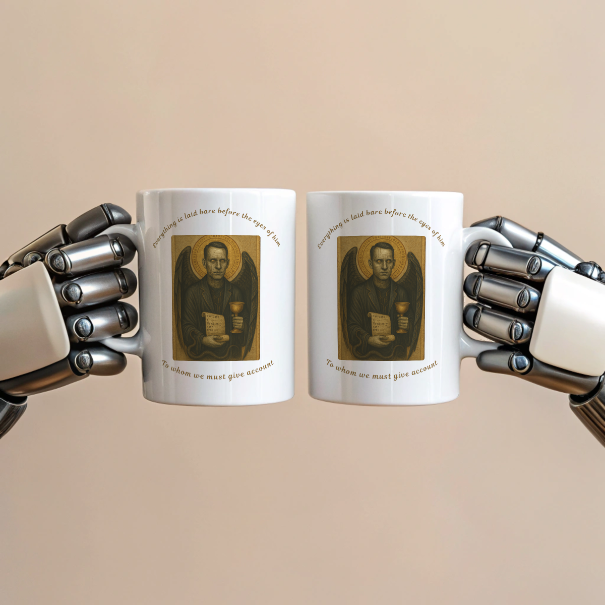 Two robotic hands holding white mugs with a printed image on a beige background