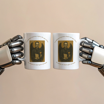 Two robotic hands holding white mugs with a printed image on a beige background