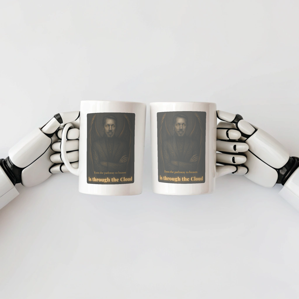 Two mugs held by robotic hands with a printed design on a white background