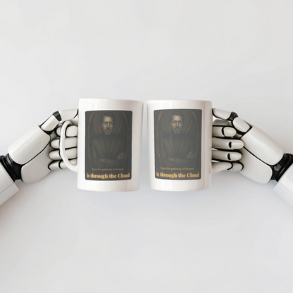 Two mugs held by robotic hands with a printed design on a white background