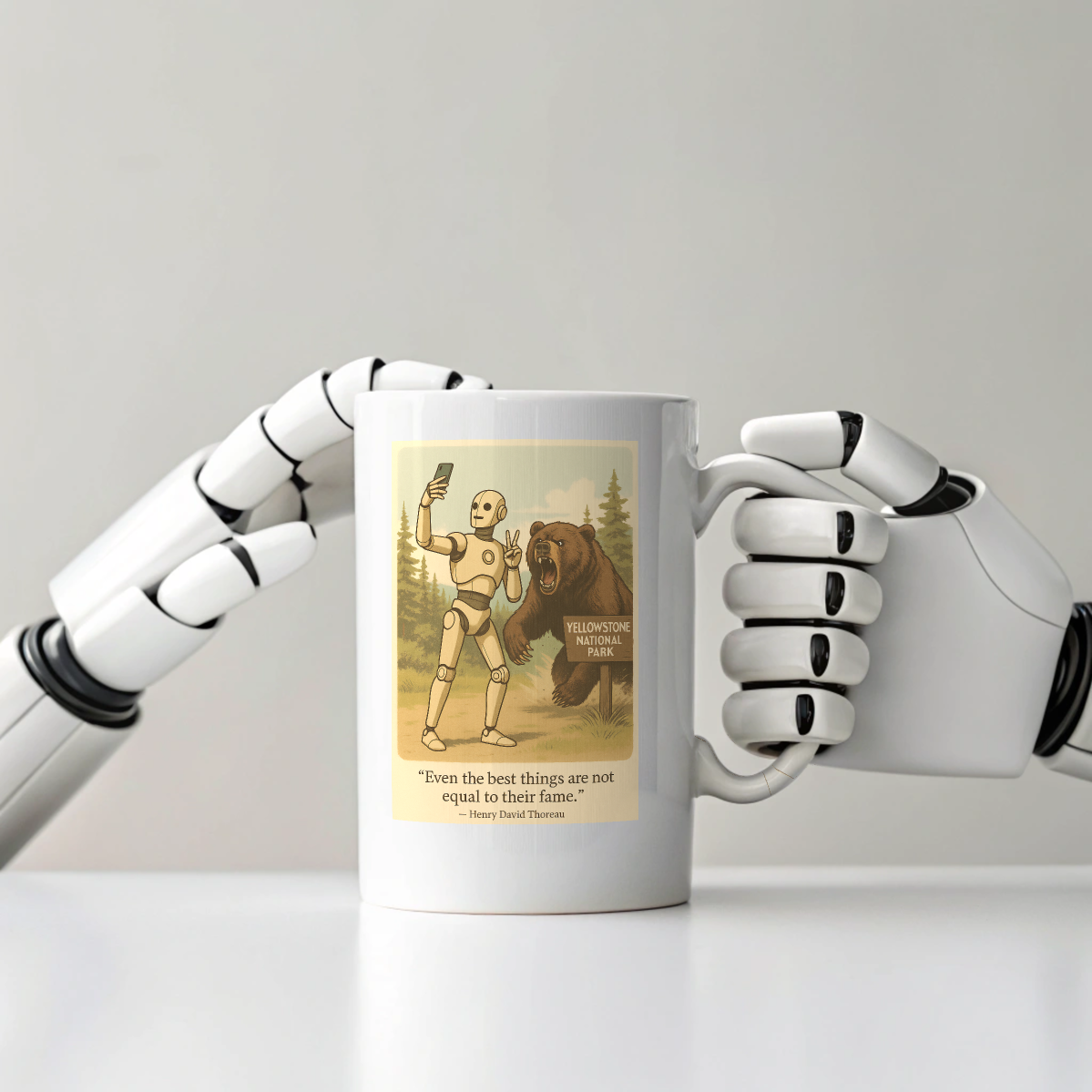 Mug with robot and bear design held by a robot hand on a light gray background