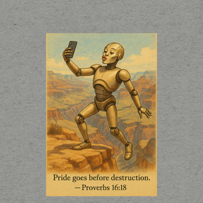 T-shirt featuring a robot taking a duck-lip selfie at the Grand Canyon with caption: “Pride goes before destruction.”