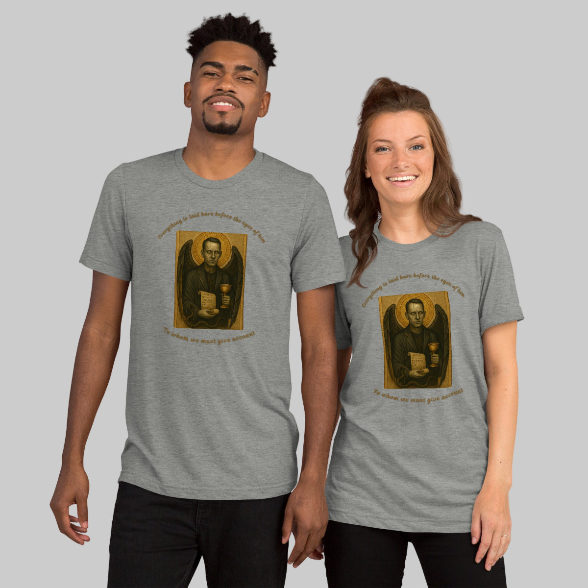 Two people wearing gray t-shirts with a printed design from Intentional Error's The Overlords collection on a white background