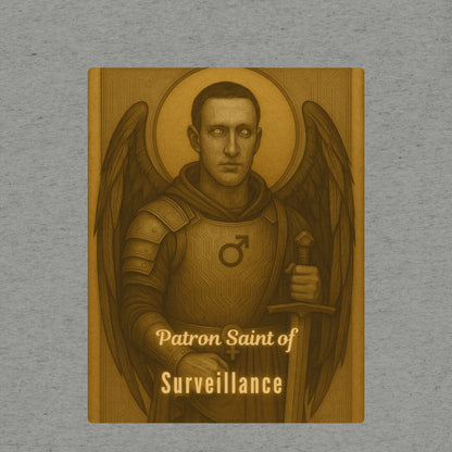 T-shirt graphic with an angelic figure and text 'Patron Saint of Surveillance' on a gray background