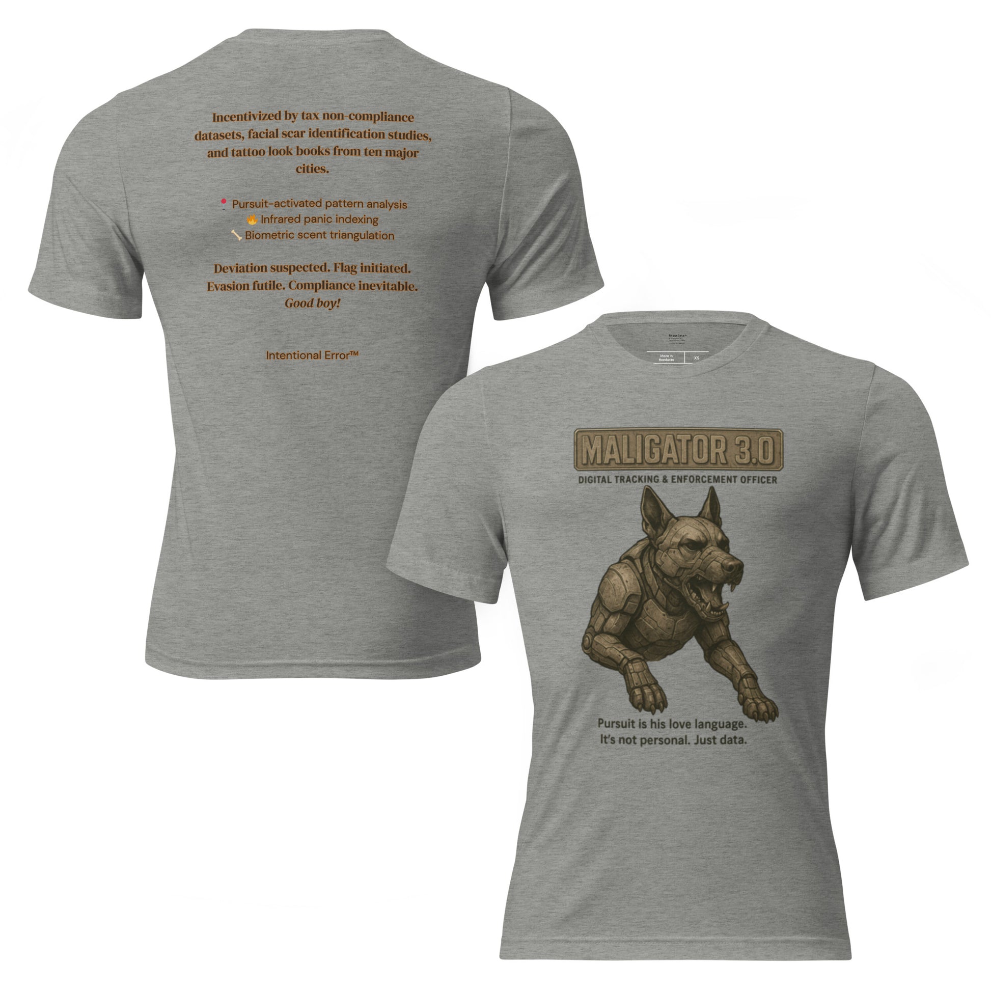 T-shirt featuring a robotic Belgian Malinois with the text “Maligator 3.0 – Digital Tracking Officer.” Satire of predictive policing.