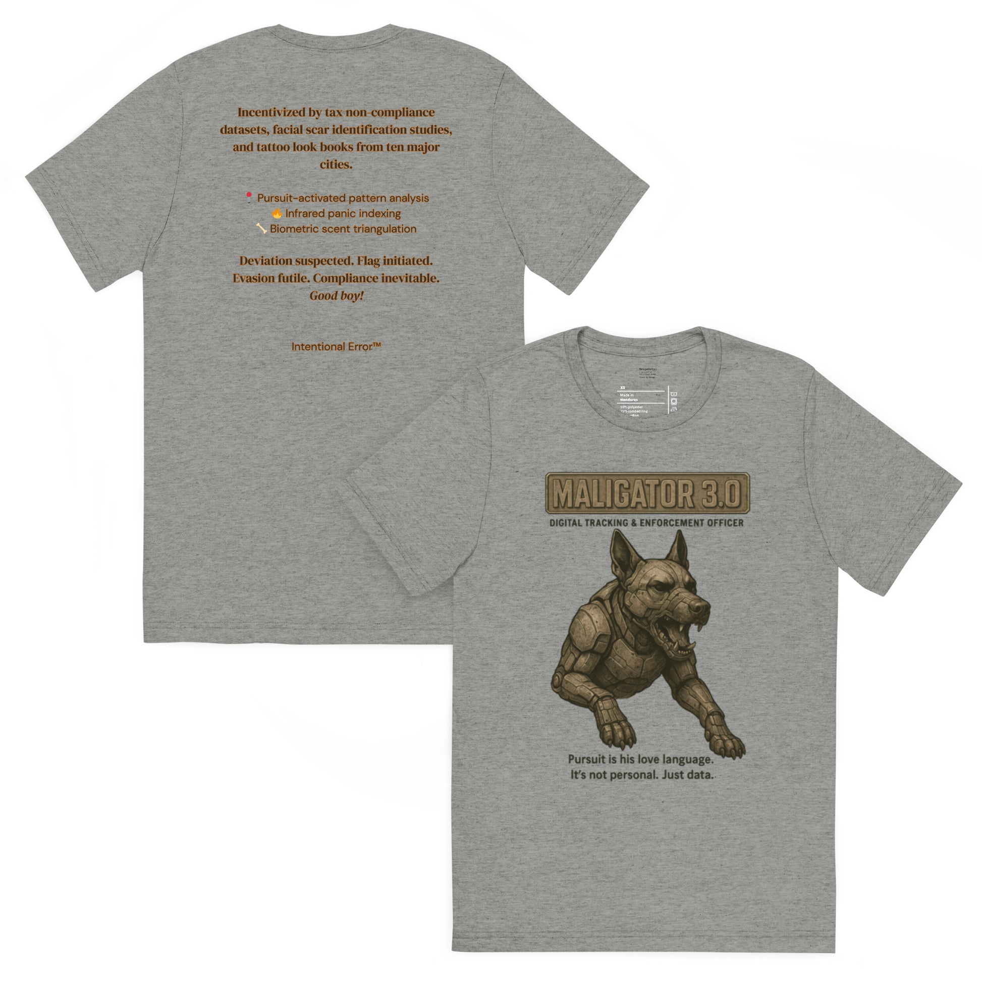 Back and front mockups of Intentional Error's Maligator 3.0 graphic T-shirt in grey. 