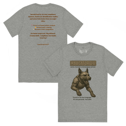 Back and front mockups of Intentional Error's Maligator 3.0 graphic T-shirt in grey. 