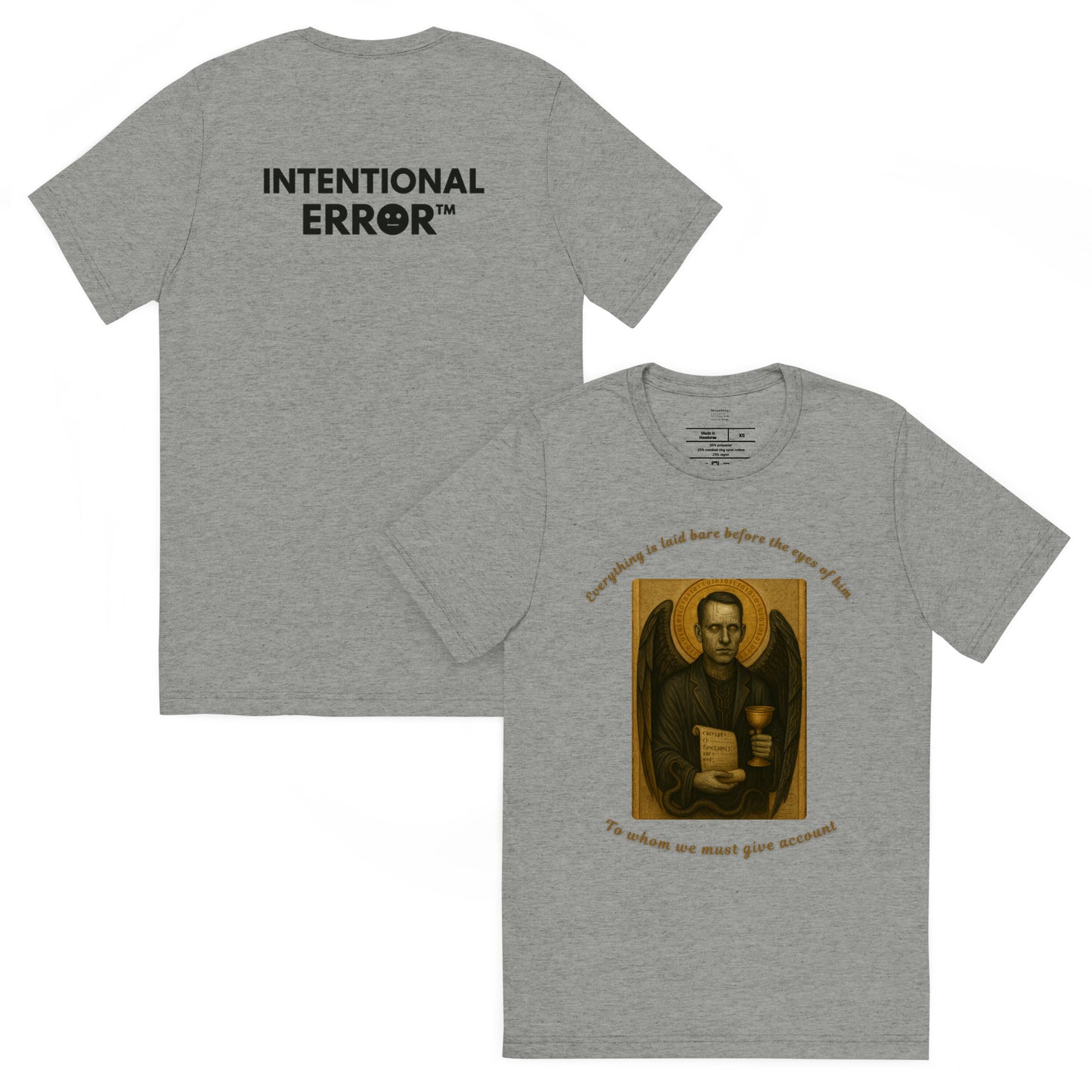Gray t-shirt with a printed design on the front and text on the back, displayed on a white background.