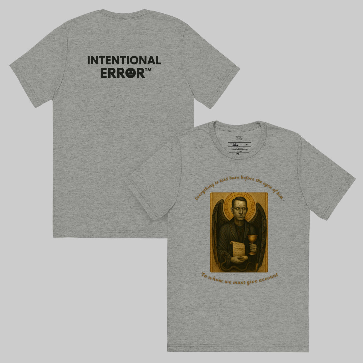 Gray round-neck t-shirt with a printed graphic design of The Watcher by Intentional Error on the front and their logo on the back, displayed on a white background.