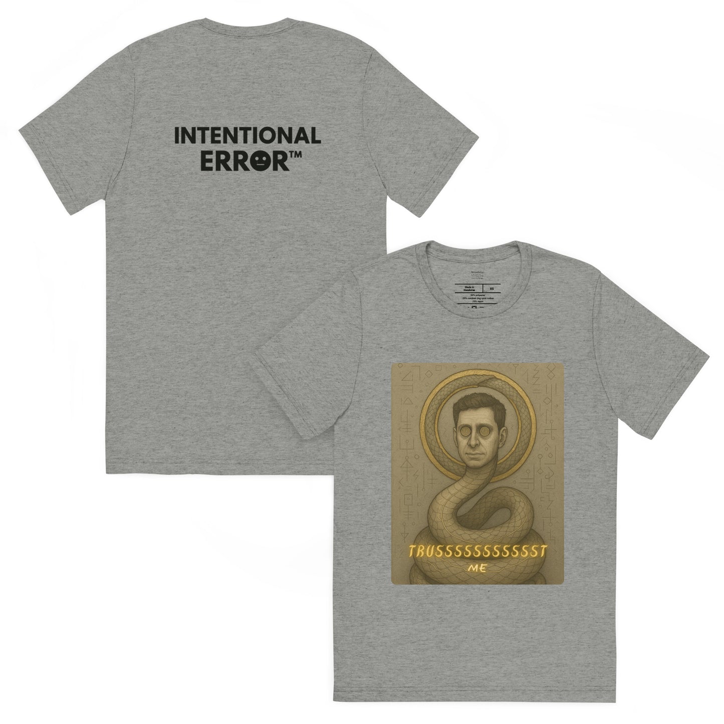 Gray t-shirt with a graphic design on the front and 'Intentional Error' text on the back.