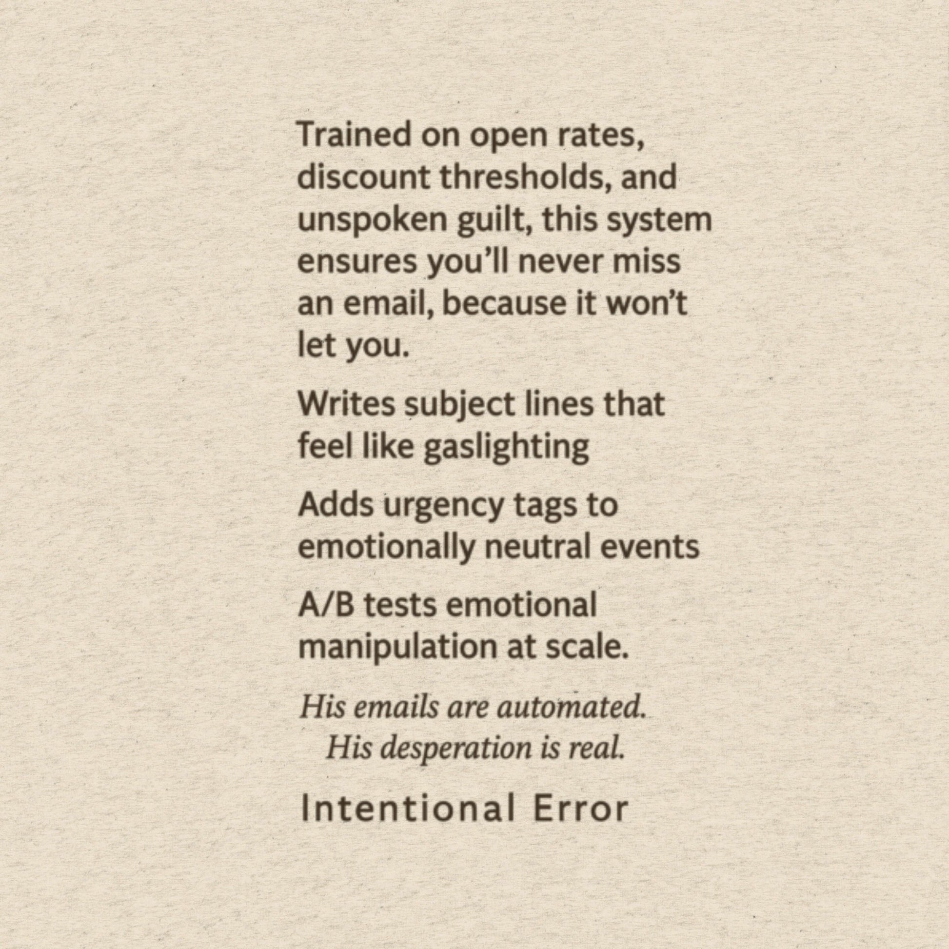 Back of Intentional Error's Chimpforce 360™ shirt with deadpan corporate satire about A/B testing, inbox guilt, and the sad little monkey behind your email funnel.