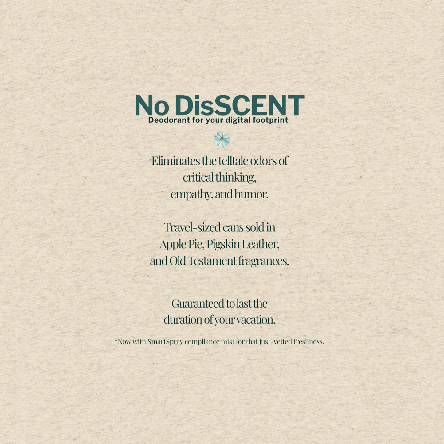 No DisSCENT shirt back tile – satirical copy listing Apple Pie and Pigskin Leather surveillance-friendly scents