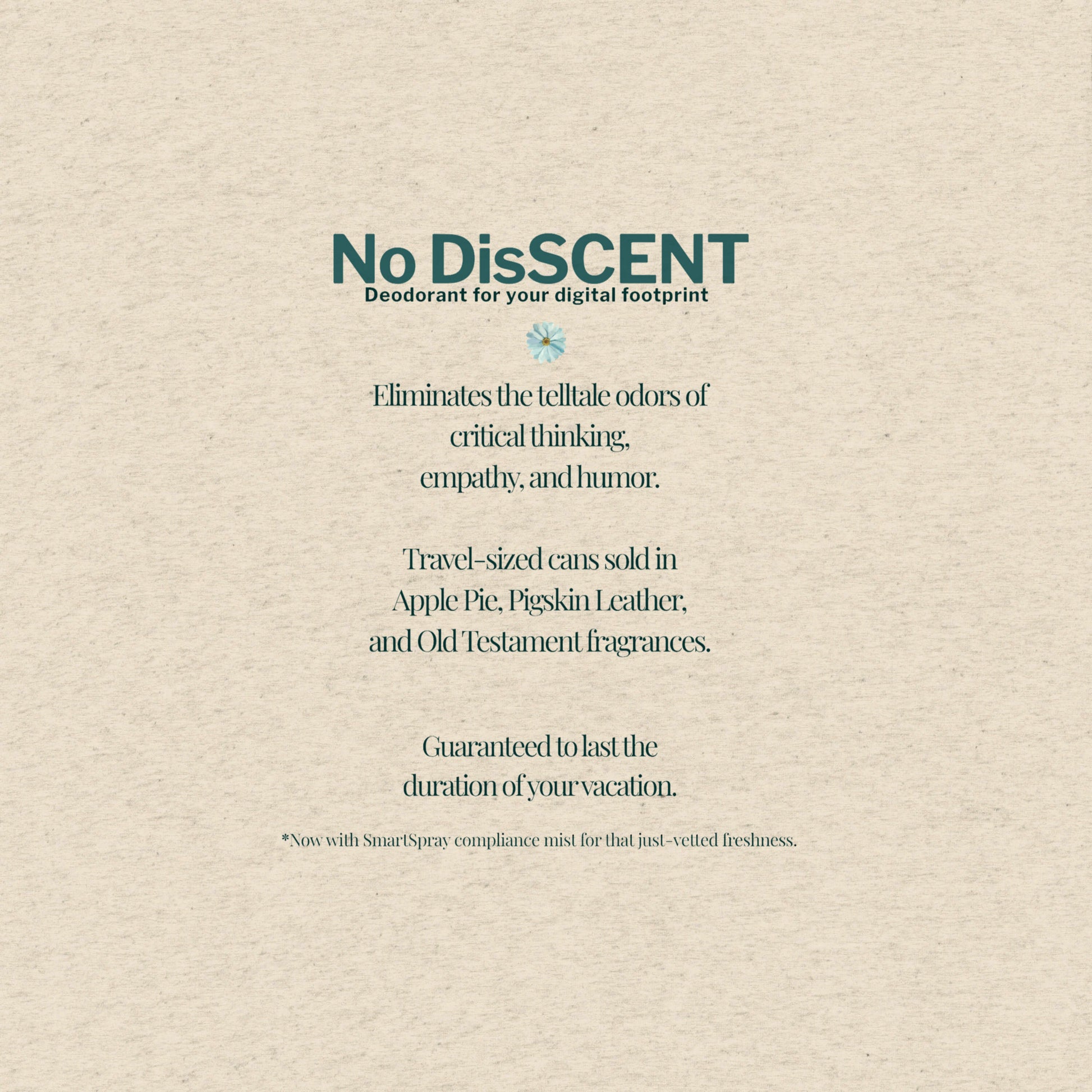 No DisSCENT shirt back tile – satirical copy listing Apple Pie and Pigskin Leather surveillance-friendly scents