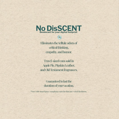 No DisSCENT shirt back tile – satirical copy listing Apple Pie and Pigskin Leather surveillance-friendly scents