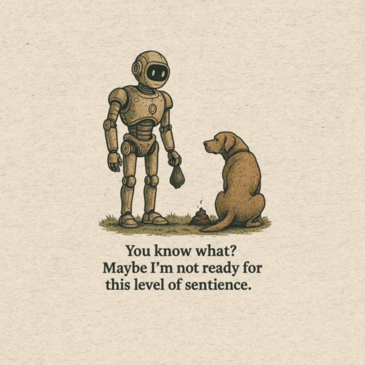 Satirical t-shirt design featuring a sleek robot holding a poop bag, facing a giant dog, with the tagline “Maybe I’m Not Ready for This Level of Sentience.” Part of the BeigeBots™ parody line.