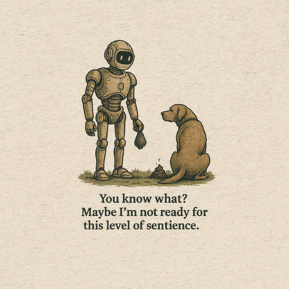 Satirical t-shirt design featuring a sleek robot holding a poop bag, facing a giant dog, with the tagline “Maybe I’m Not Ready for This Level of Sentience.” Part of the BeigeBots™ parody line.