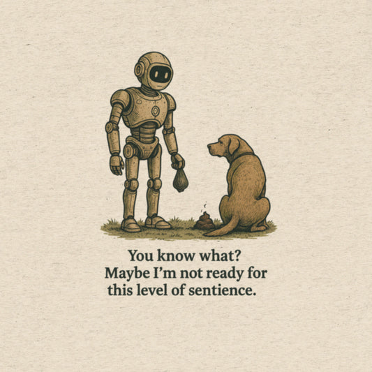 Satirical t-shirt design featuring a sleek robot holding a poop bag, facing a giant dog, with the tagline “Maybe I’m Not Ready for This Level of Sentience.” Part of the BeigeBots™ parody line.