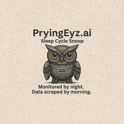 Illustration of an owl with robotic eyes labeled “PryingEyz.ai – Sleep Cycle Snoop.” Tagline: Monitored by night. Data scraped by morning.


