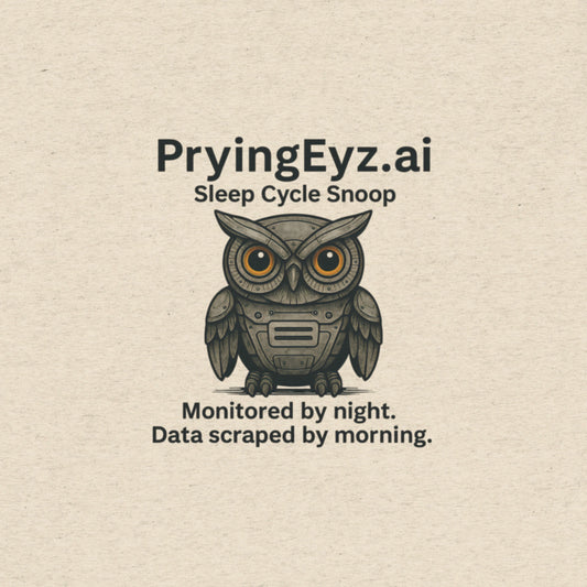 Illustration of an owl with robotic eyes labeled “PryingEyz.ai – Sleep Cycle Snoop.” Tagline: Monitored by night. Data scraped by morning.

