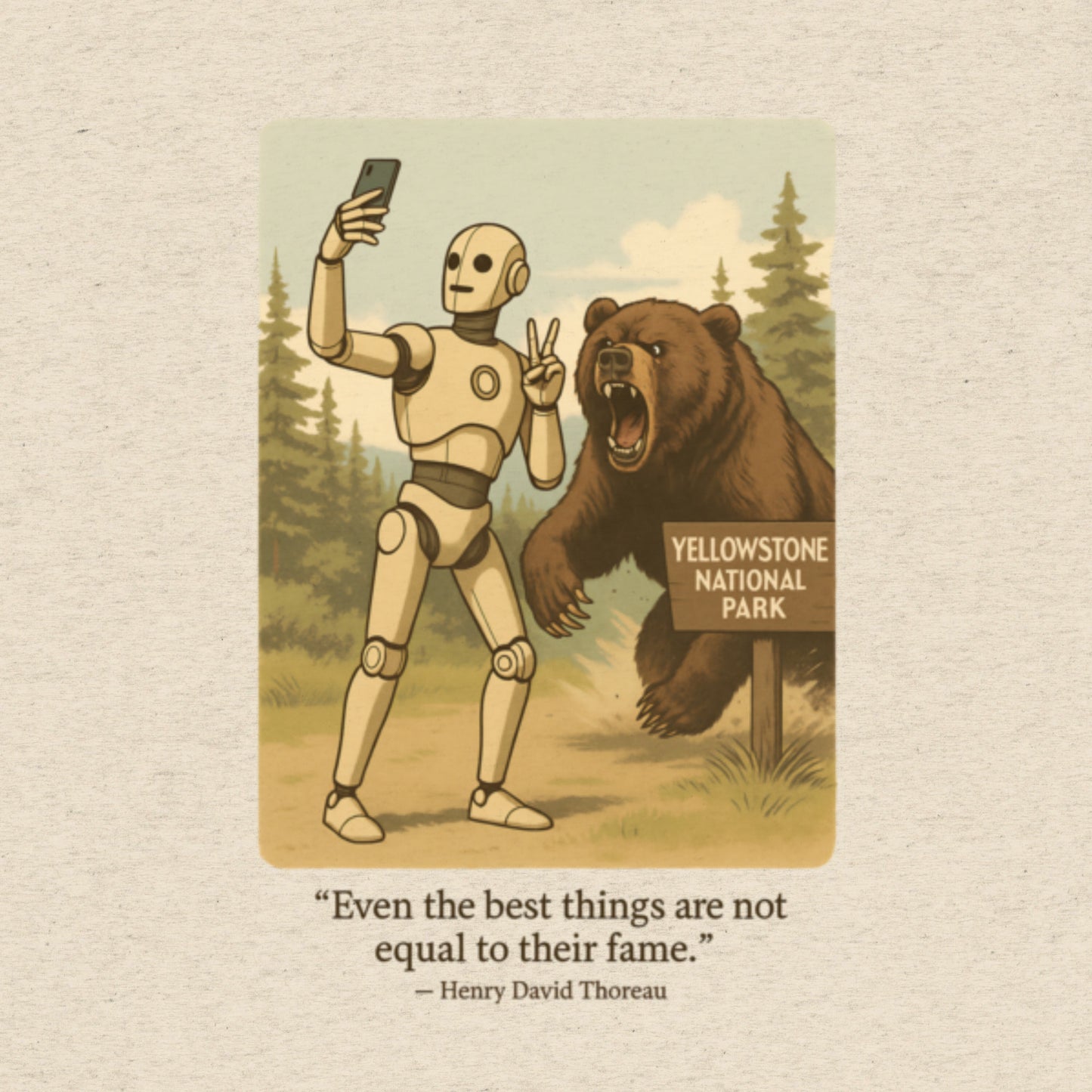 T-shirt featuring a robot taking a selfie in front of a roaring bear at Yellowstone National Park. Satirical AI influencer design.