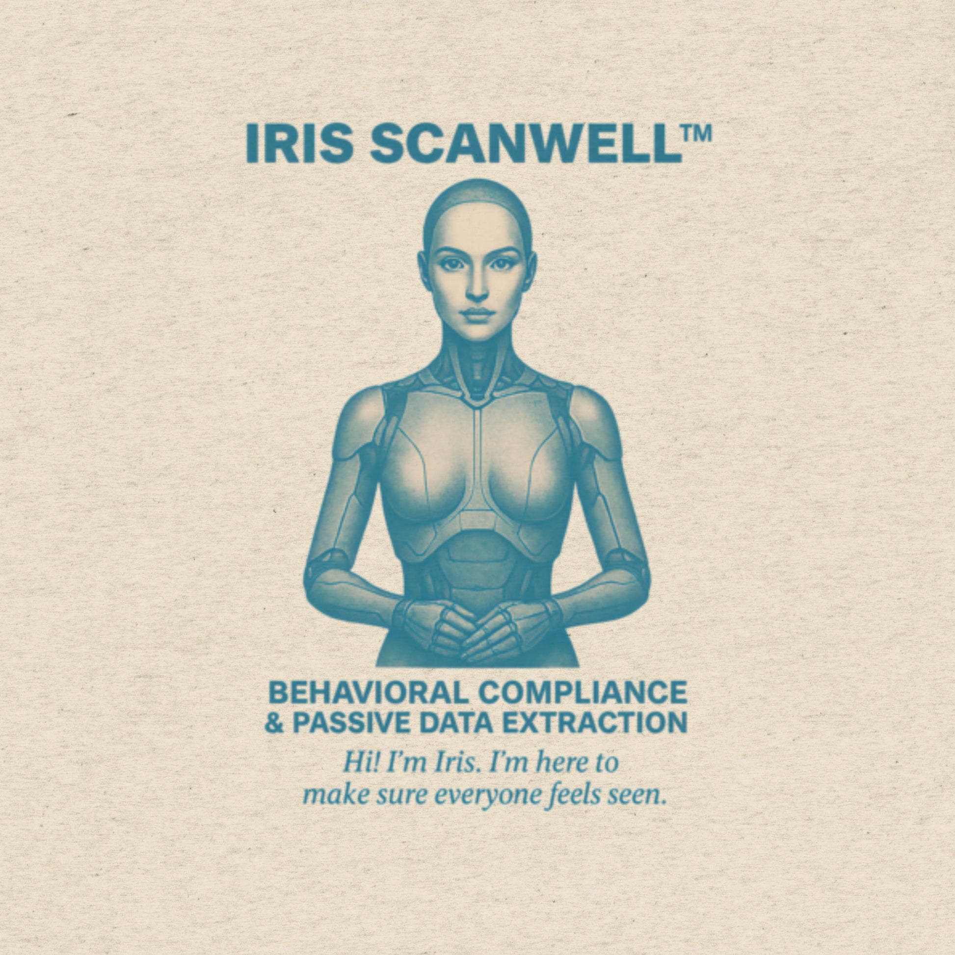 Front tile image of the Iris Scanwell graphic T-shirt design by Intentional Error mocking biometric surveillance tech.