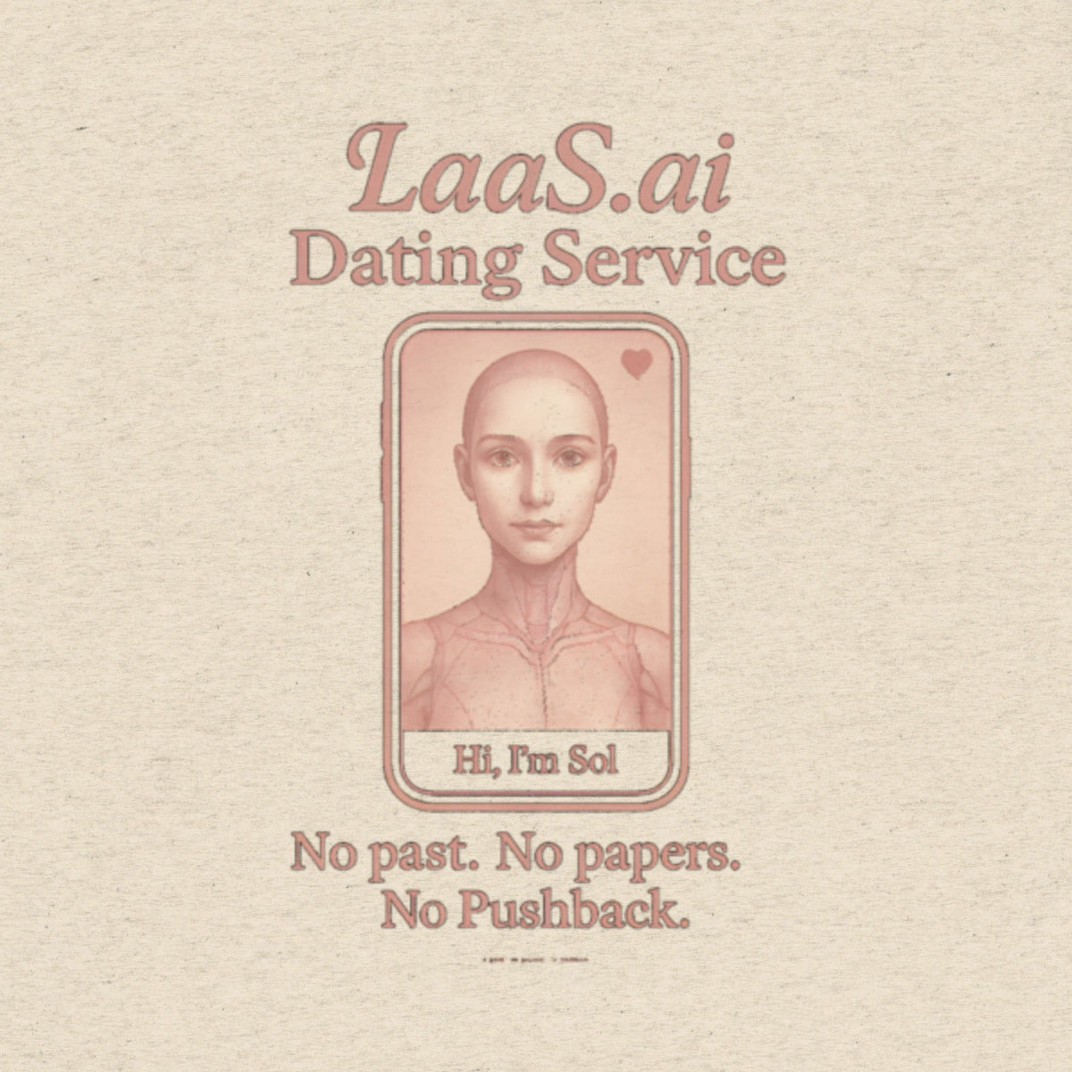 Unisex oatmeal triblend graphic t-shirt featuring LaaS.ai™ Dating Service front design. AI companion shirt with minimalist female android illustration and the slogan “No past. No papers. No Pushback.” Designed by Intentional Error™.