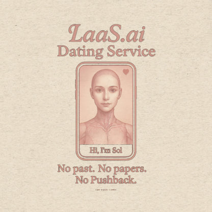 Unisex oatmeal triblend graphic t-shirt featuring LaaS.ai™ Dating Service front design. AI companion shirt with minimalist female android illustration and the slogan “No past. No papers. No Pushback.” Designed by Intentional Error™.