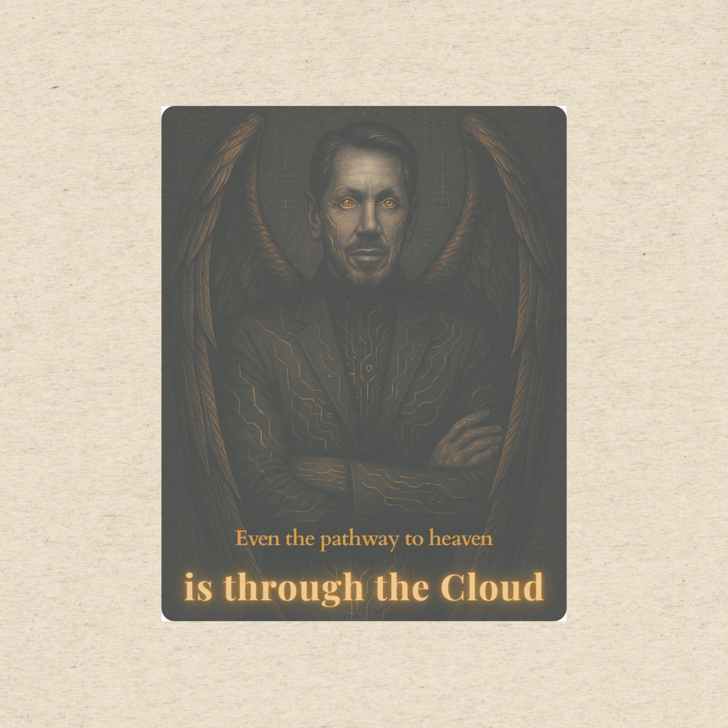 Portrait of a man with text on a textured beige background