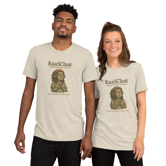 Two people wearing 'RaasClaat' t-shirts with a graphic design on a white background
