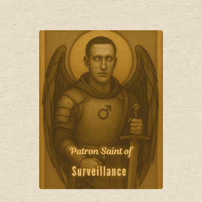 Illustration of an armored angelic figure with a sword, labeled 'Patron Saint of Surveillance', on a textured beige t-shirt background.