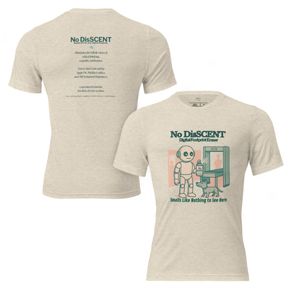 T-shirt featuring a robot spraying “No DisSCENT” deodorant at a TSA checkpoint. Satirical design mocking digital surveillance culture.
