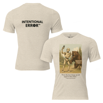 T-shirt featuring a robot taking a selfie in front of a roaring bear at Yellowstone National Park. Satirical AI influencer design.