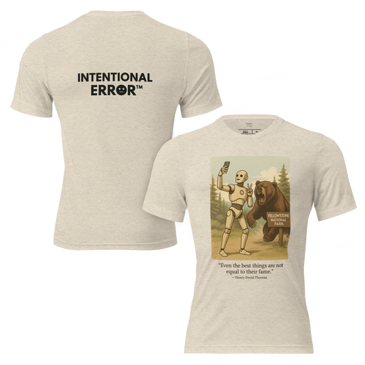 T-shirt featuring a robot taking a selfie in front of a roaring bear at Yellowstone National Park. Satirical AI influencer design.